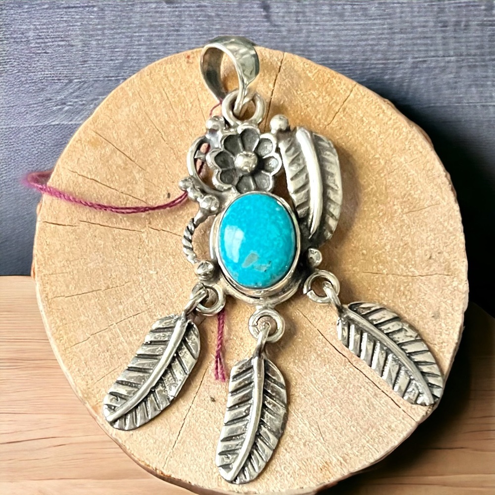 Sterling Silver Southwestern Blue Turquoise Pendant - Picture 6 of 10